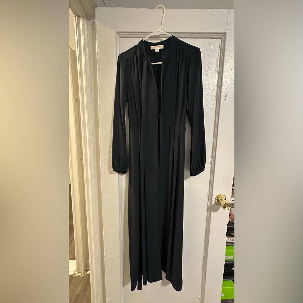 Black Michael Kors women's long-sleeve tie-neck maxi dress.